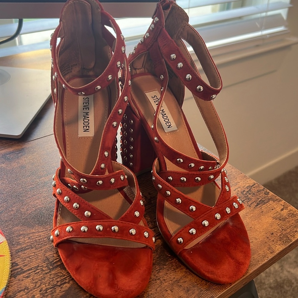 Orange block heel studed sandal